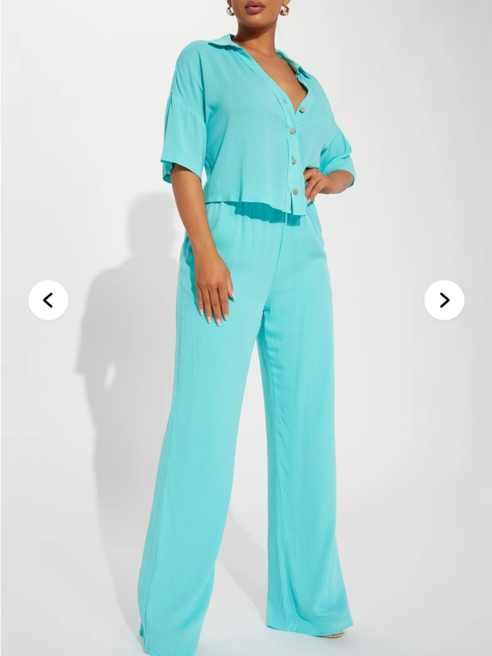 Fashion Nova Turquoise Wide-Leg Pants & Cropped Button Top Set